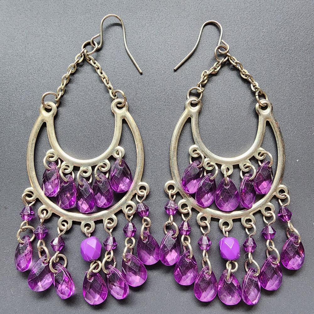 Purple Beaded Chandelier Half Moon Earrings Silver Toned Tiered Faceted Boho Vtg